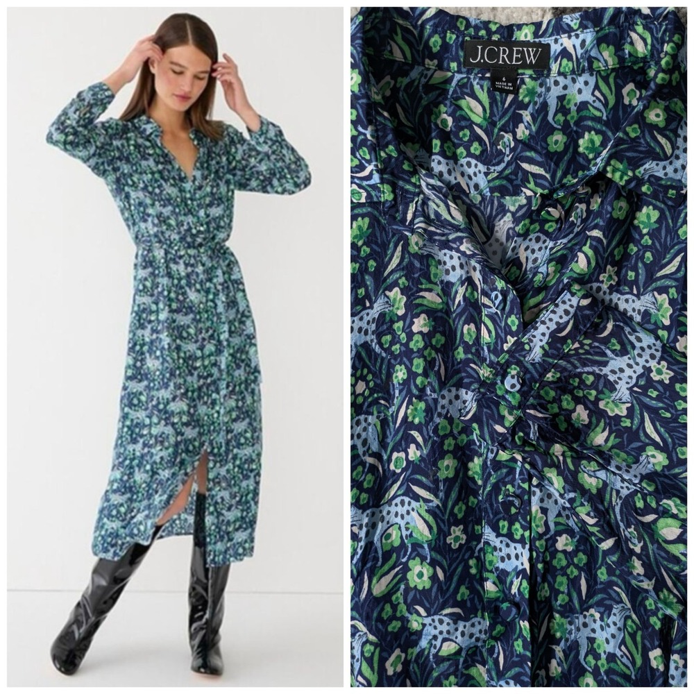 J. Crew Leopard Fauna Floral Button Front Long Sleeve‎ Midi Dress Sz 6 Pockets